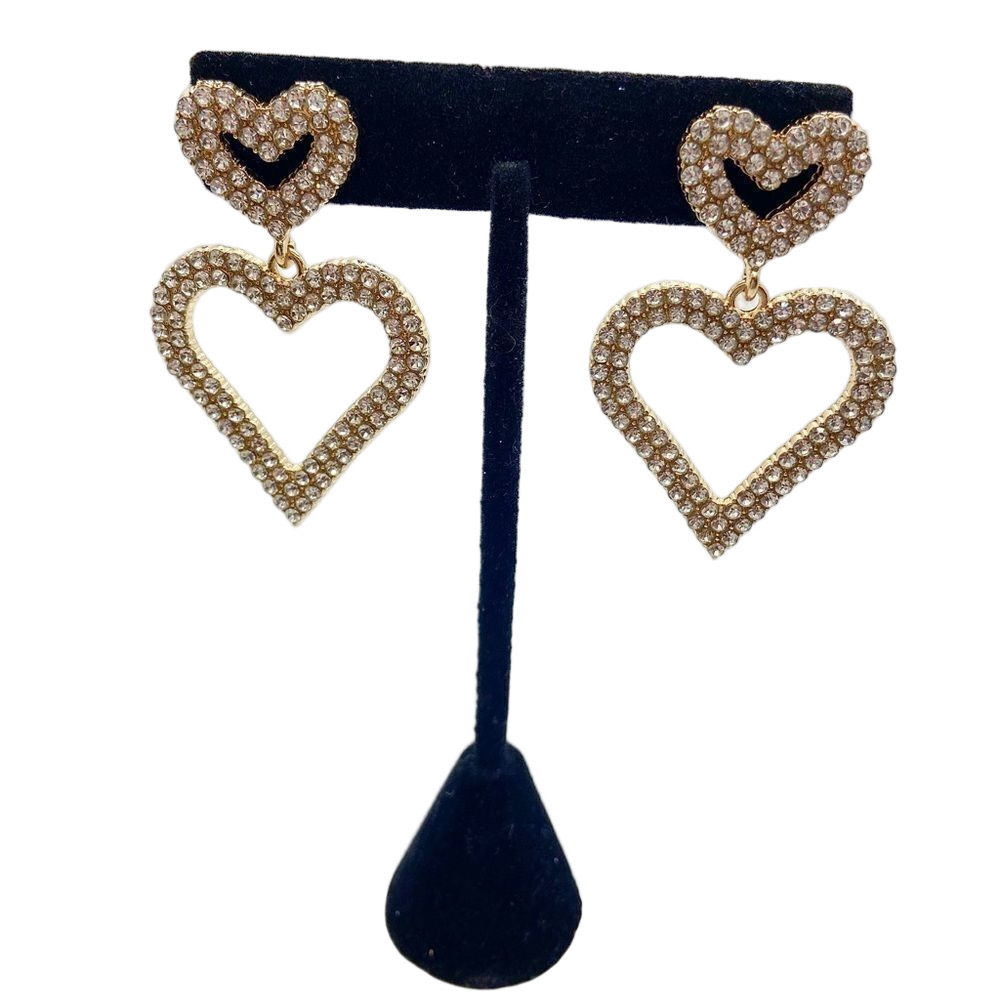 Large rhinestone studded gold tone metal heart post earrings